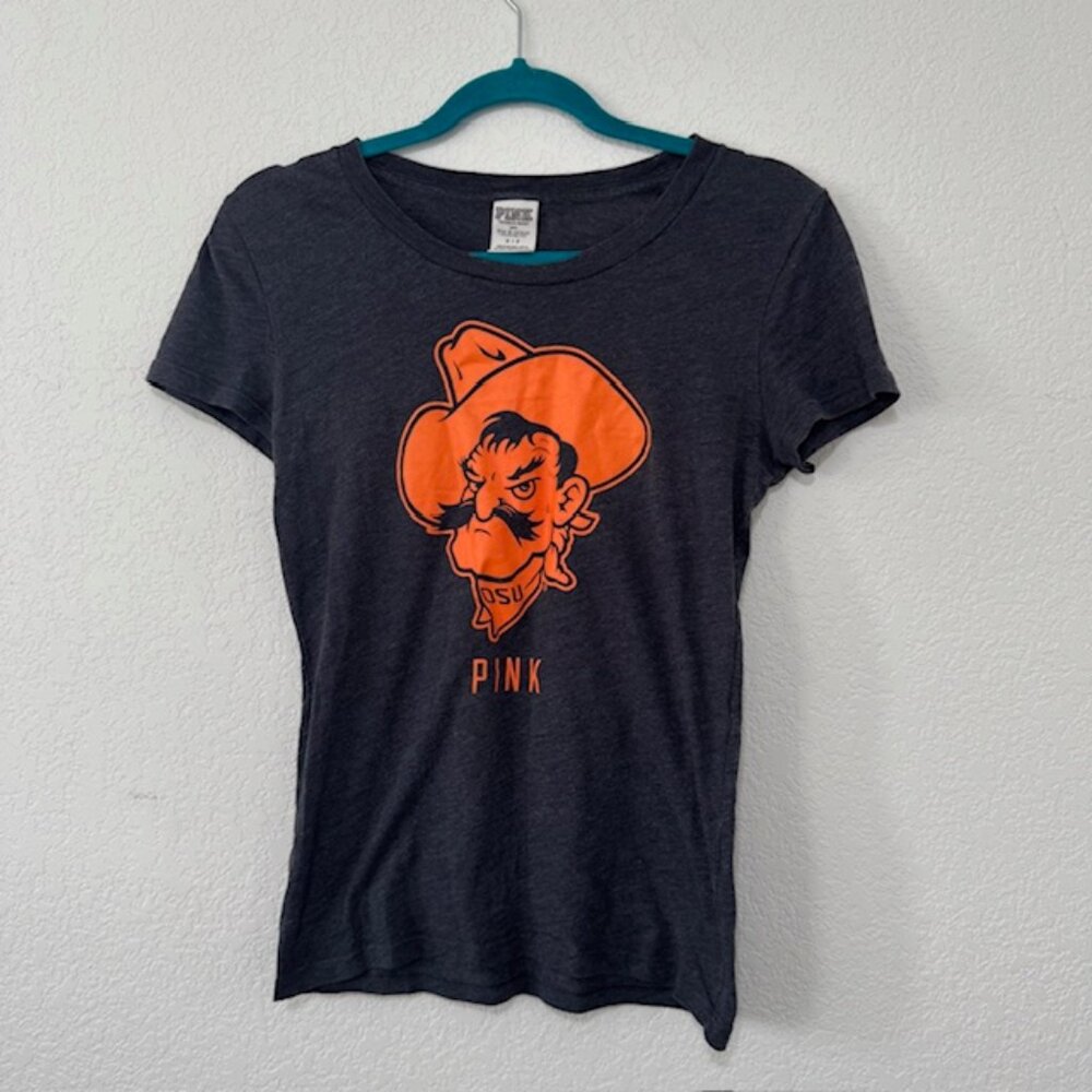 PINK Victoria's Secret T-Shirt Women Small Charcoal OSU Pistol Pete Graphic Tee